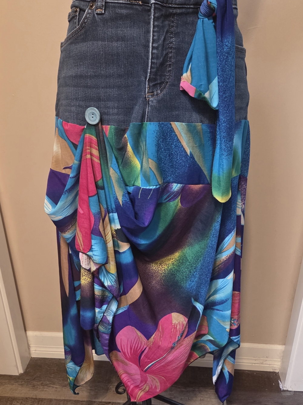 Original Twisted Sisters Stitches Bohemian Floral Mixed-Media Maxi Skirt